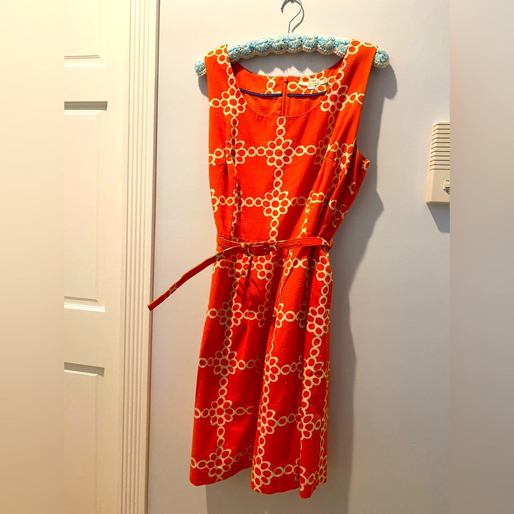 Boden Orange and White Circle Sleeveless Dress with a Belt and Pockets